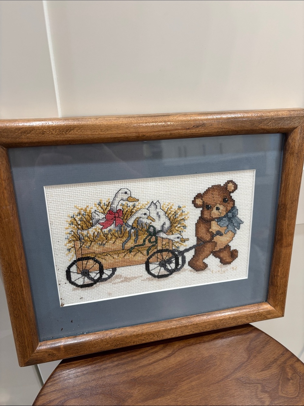 Framed Teddy Bear & Ducks Cross-Stitch Wall Art - Brown